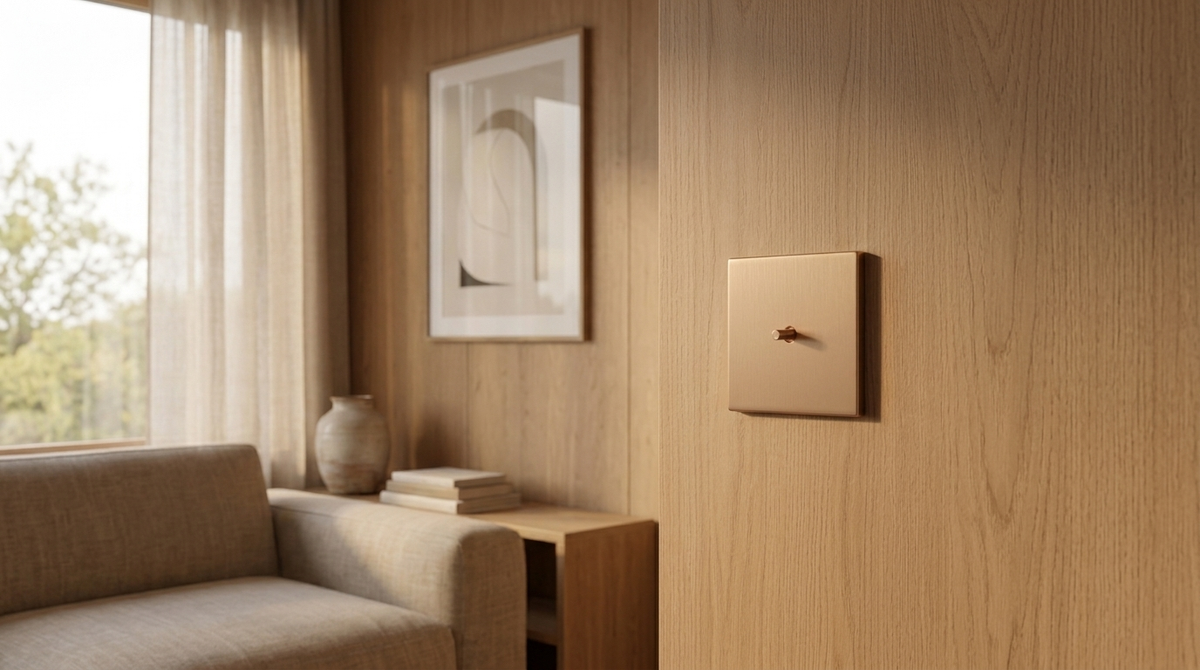 BYSTILL tuimelschakelaar in goud op eiken wand