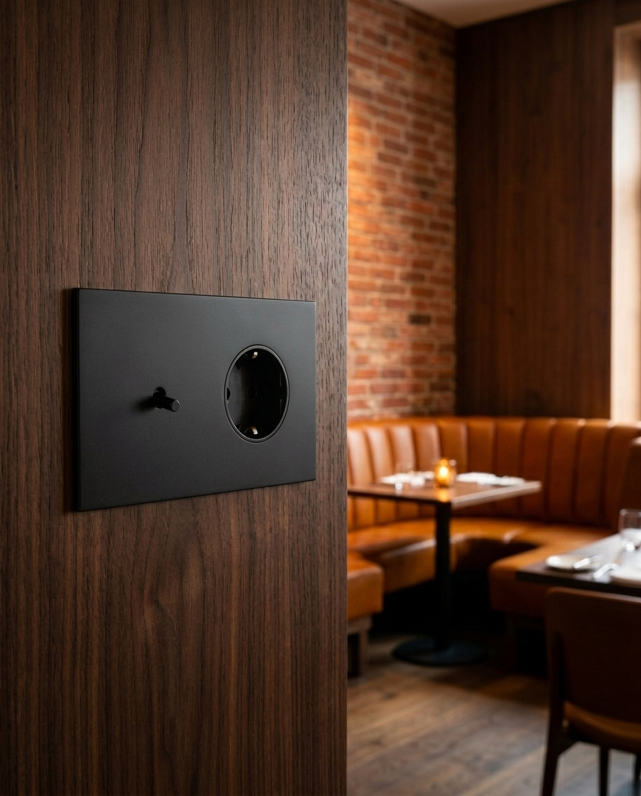 Tuimelschakelaar + Wandcontactdoos — Modern — Mat Zwart - Mat Zwart — Sfeerbeeld