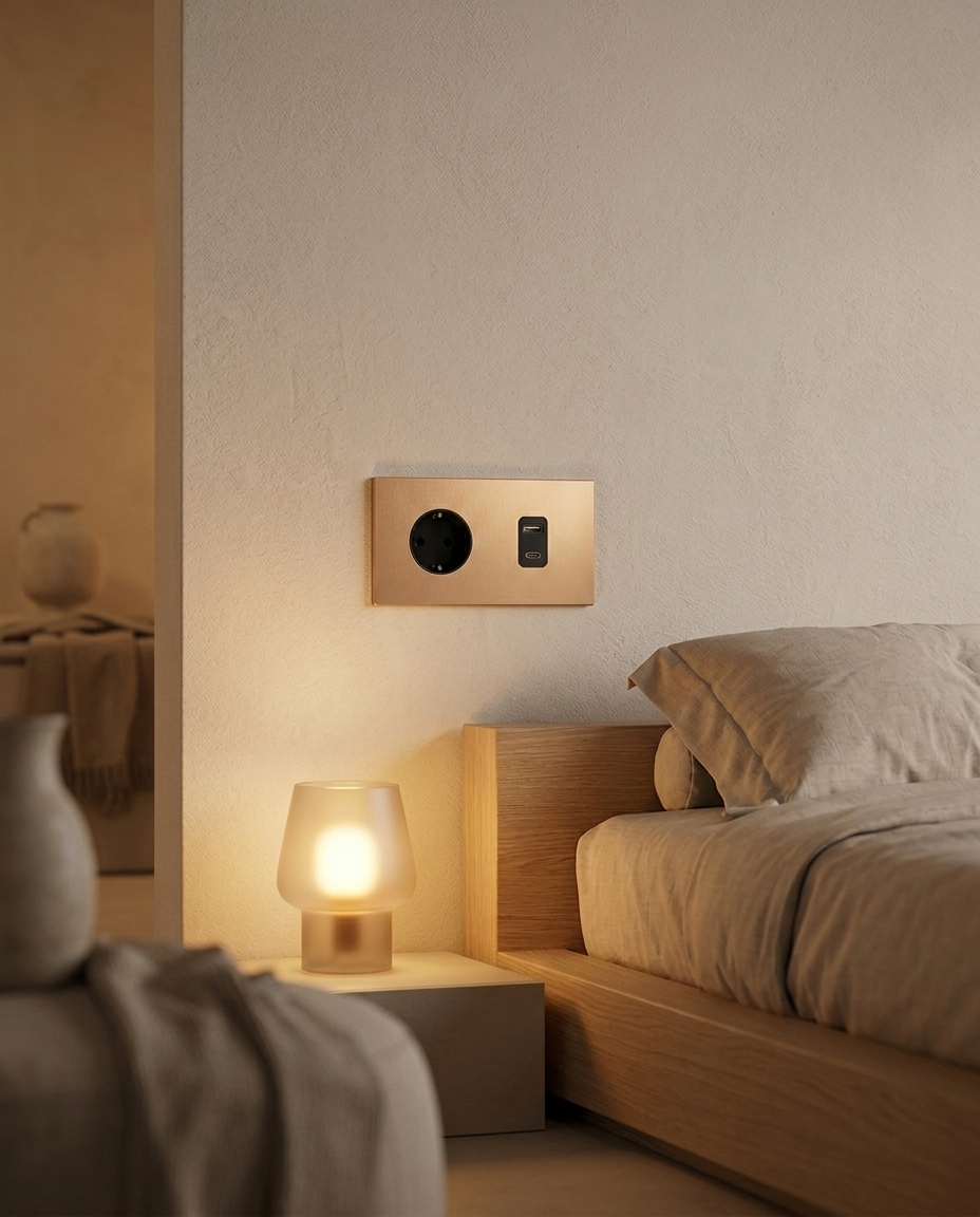 Wandcontactdoos + USB A/C — Zakelijk — Goud - Goud — Sfeerbeeld