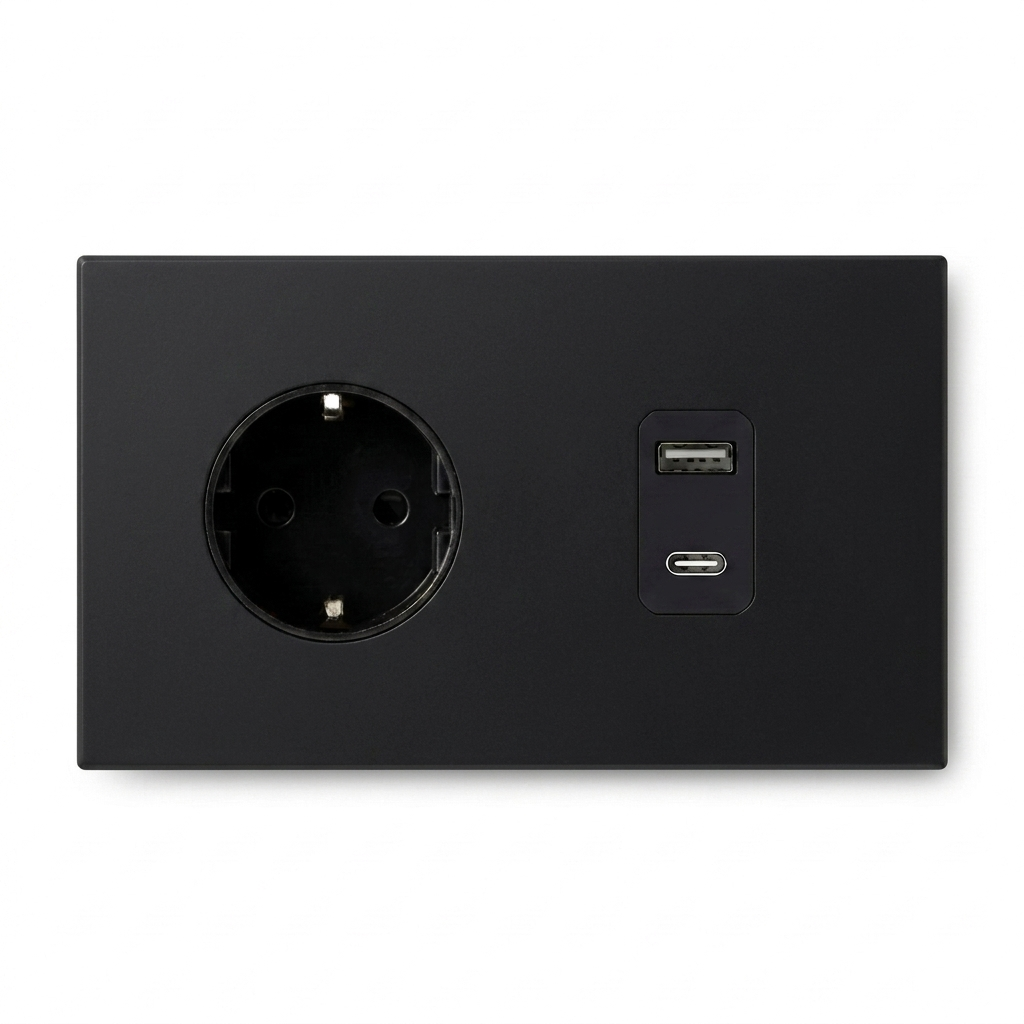 Wandcontactdoos + USB A/C — Zakelijk — Mat Zwart - Mat Zwart