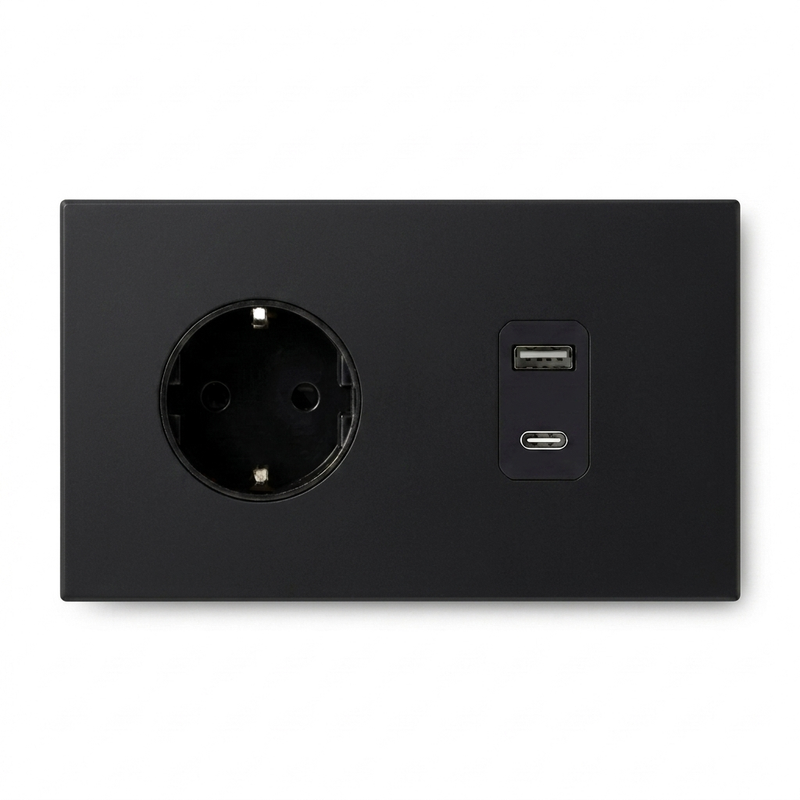 Wandcontactdoos + USB A/C — Zakelijk — Mat Zwart - Mat Zwart