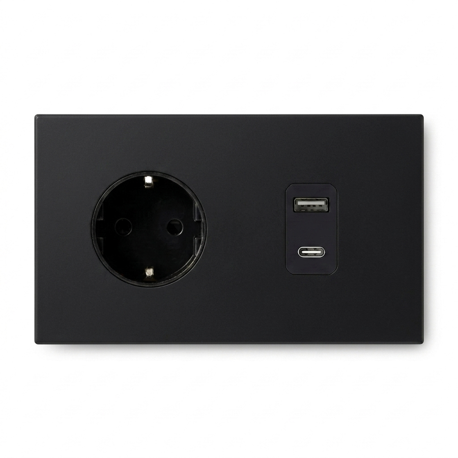Wandcontactdoos + USB A/C — Zakelijk — Mat Zwart - Mat Zwart