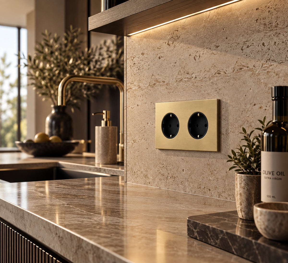 Wandcontactdoos Dubbel - Modern - Goud - Sfeerbeeld