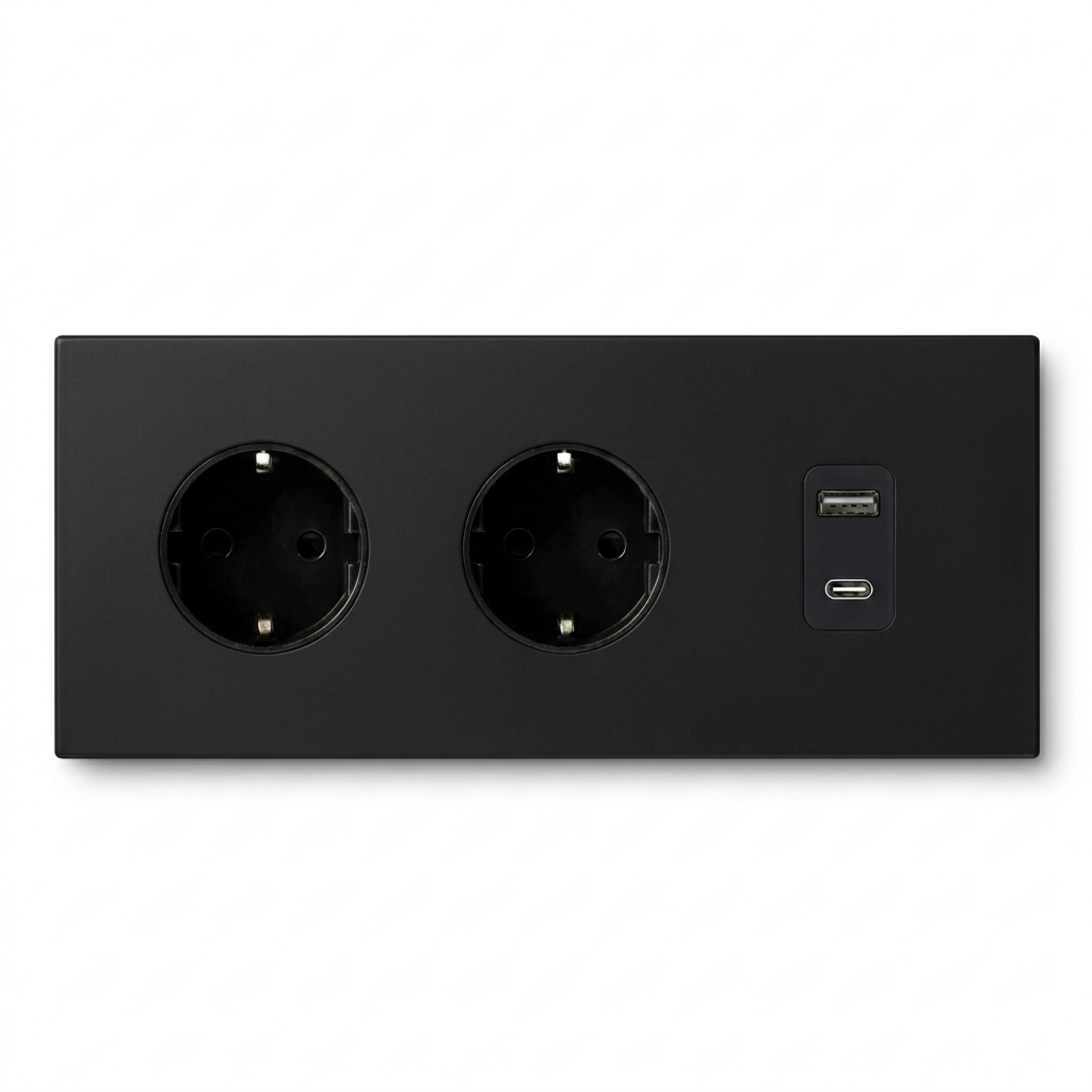 2× Wandcontactdoos + USB A/C — Zakelijk — Mat Zwart - Mat Zwart