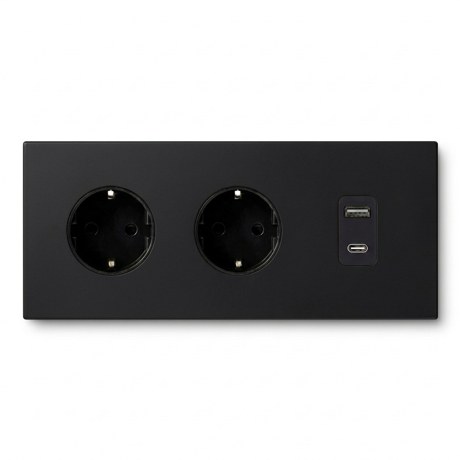 2× Wandcontactdoos + USB A/C — Zakelijk — Mat Zwart - Mat Zwart