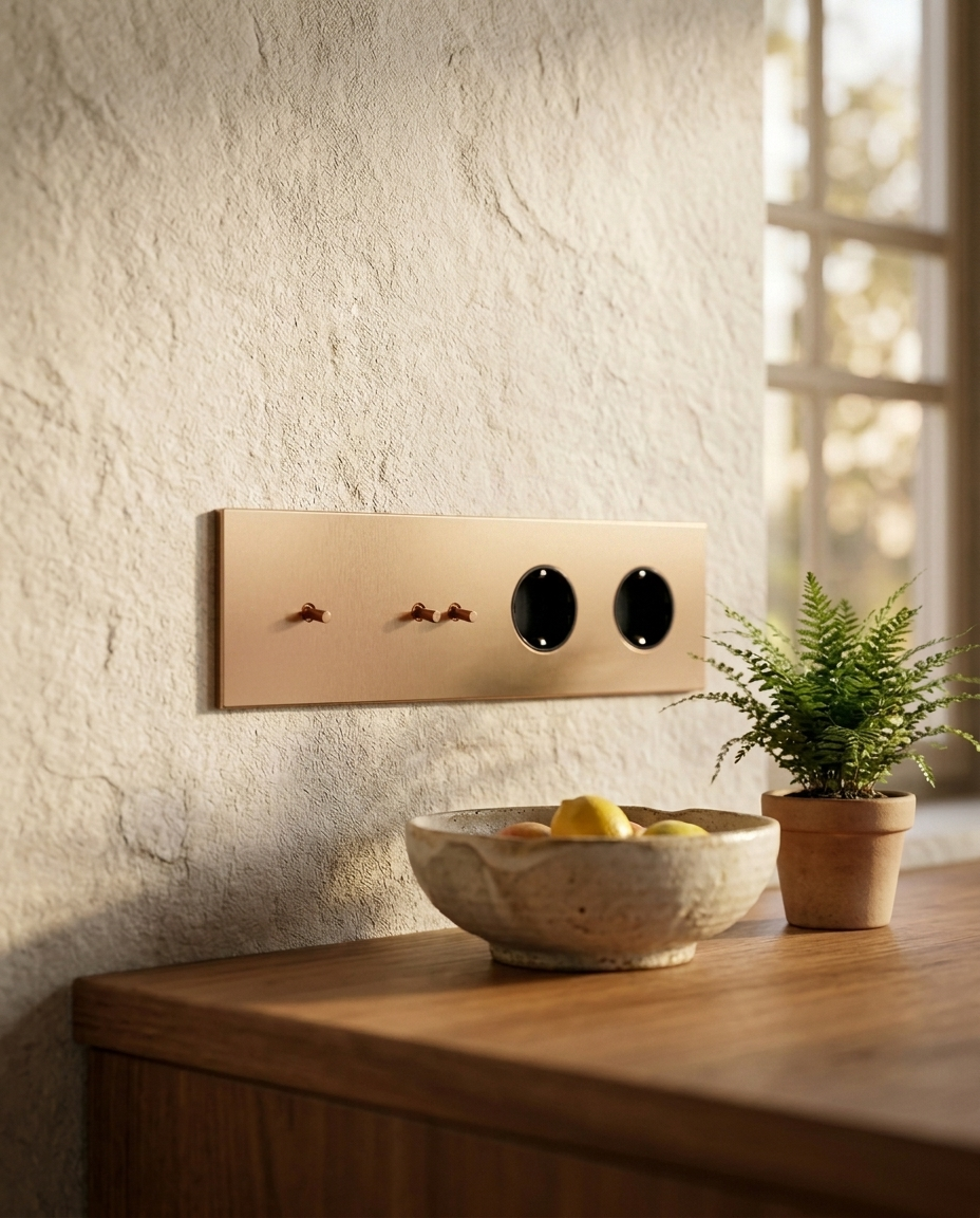 2× Tuimelschakelaar + 2× Wandcontactdoos — Zakelijk — Goud - Goud — Sfeerbeeld